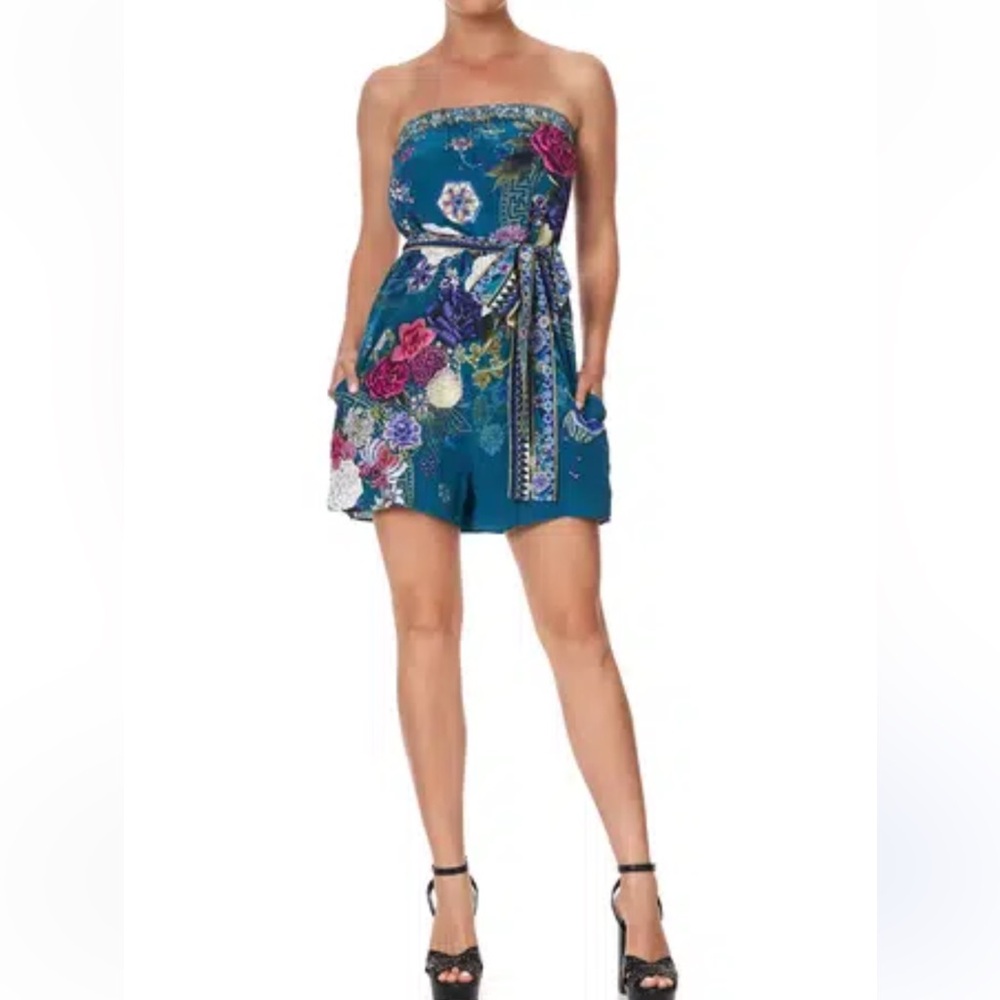 CAMILLA Strapless Playsuit with Waist Tie in Lunar Gazing. Size XL 100% silk